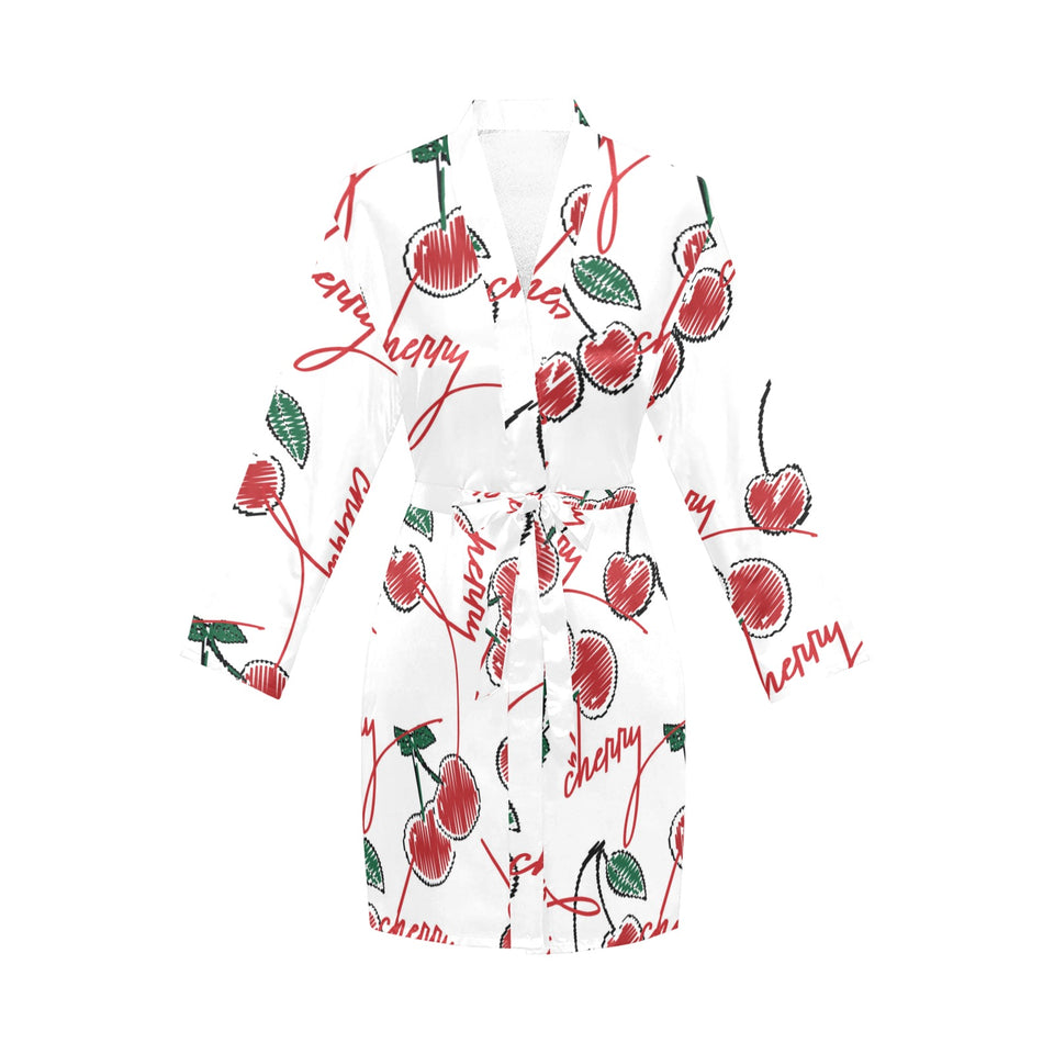 Hand drawn cherry pattern Women's Long Sleeve Belted Night Robe