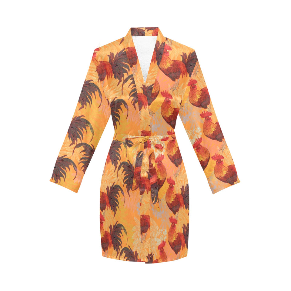 red rooster chicken cock pattern Women's Long Sleeve Belted Night Robe