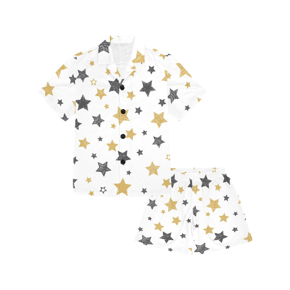 hand drawn gold black star pattern Kids' Boys' Girls' V-Neck Short Pajama Set