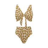 Hamburger Pattern Print Design 03 Chest Bowknot High Waisted Bikini Swimsuit