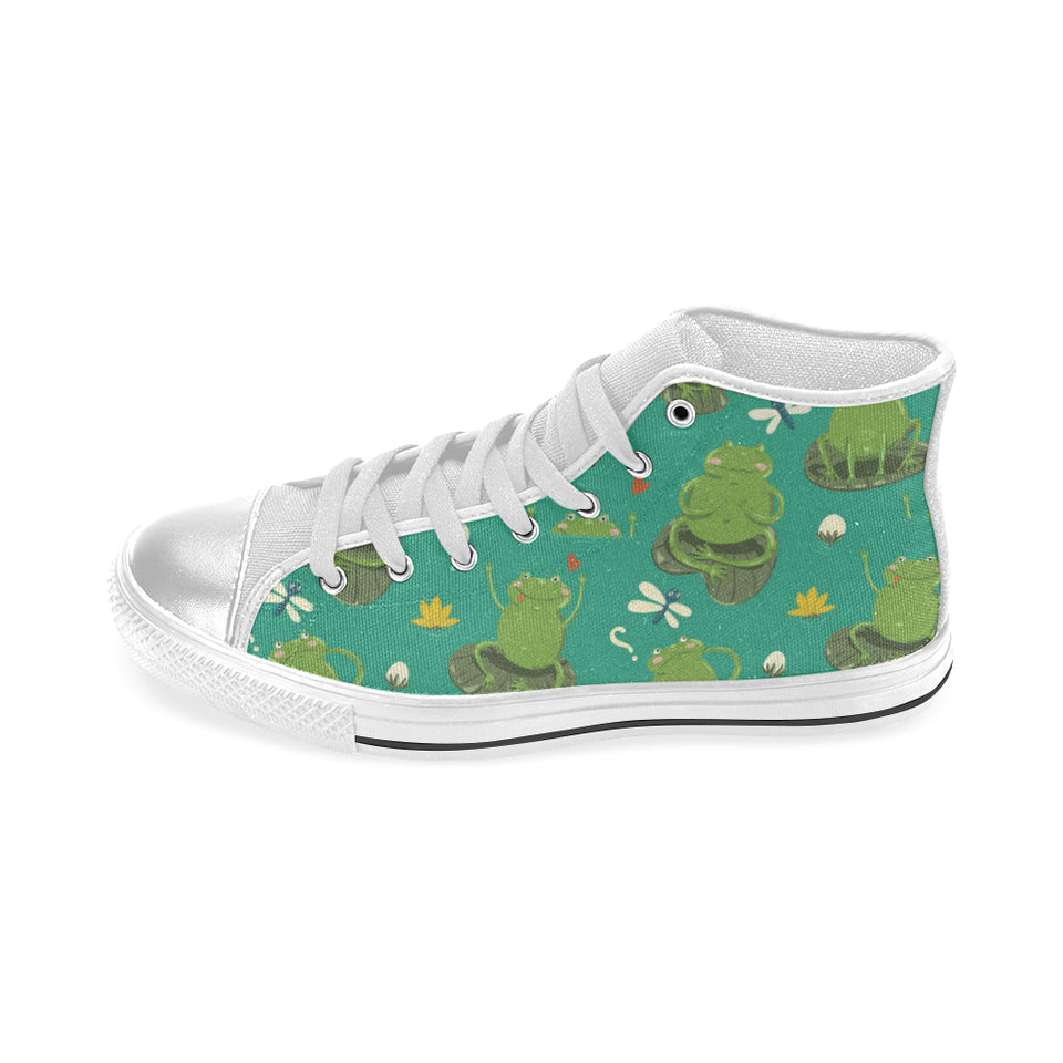 Cute frog dragonfly design pattern Women's High Top Canvas Shoes White
