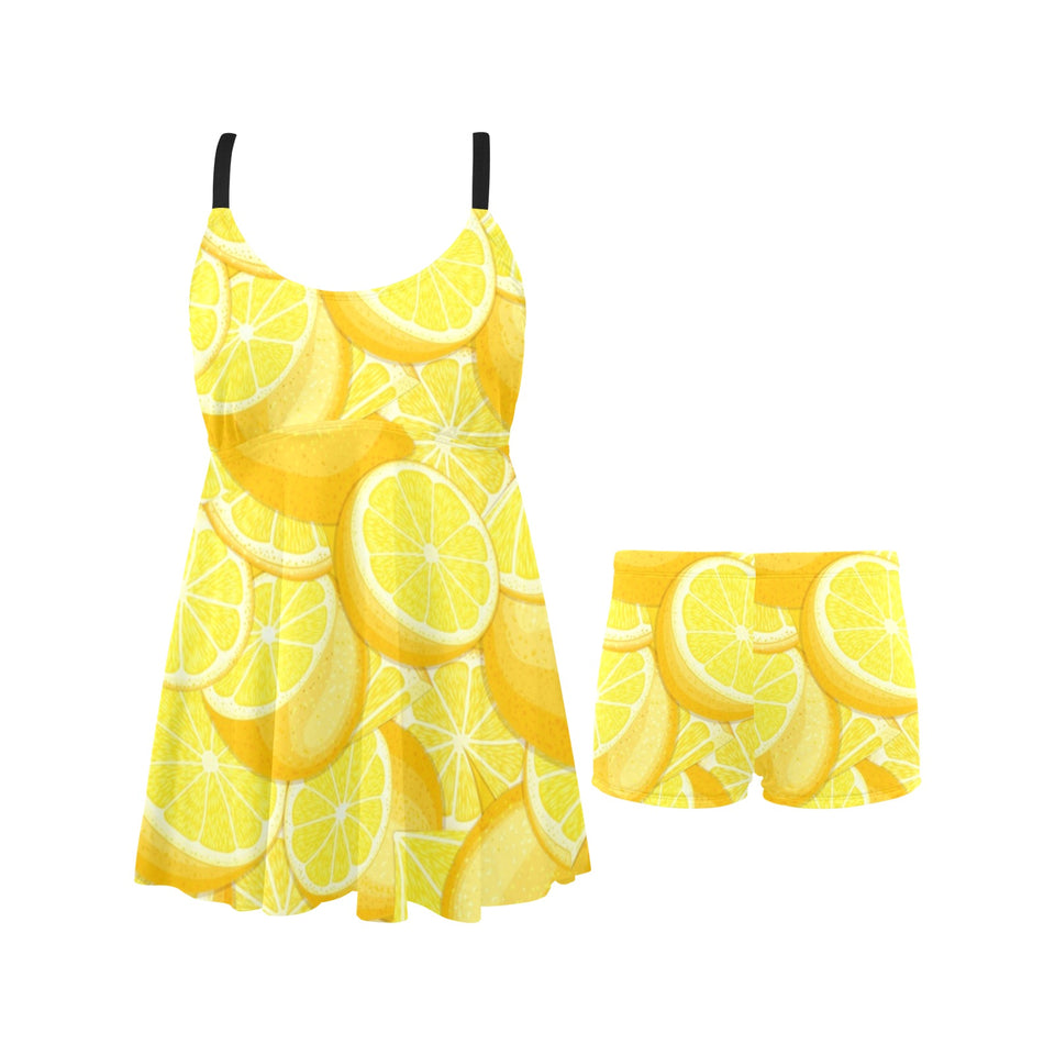 lemon pattern Chest Sexy Pleated Two Piece Swim Dress