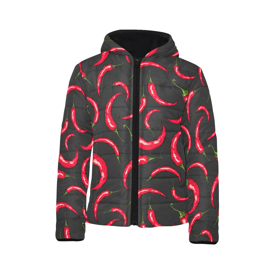 Chili peppers pattern black background Kids' Boys' Girls' Padded Hooded Jacket