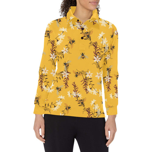 Bee flower pattern Women's Long Sleeve Polo Shirt