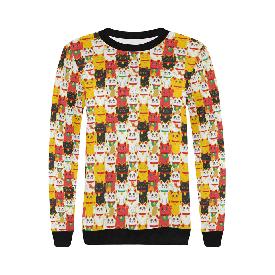 Colorful Maneki neko cat pattern Women's Crew Neck Sweatshirt