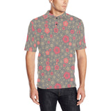 Red gold Sakura cherry blossom gray background Men's All Over Print Polo Shirt