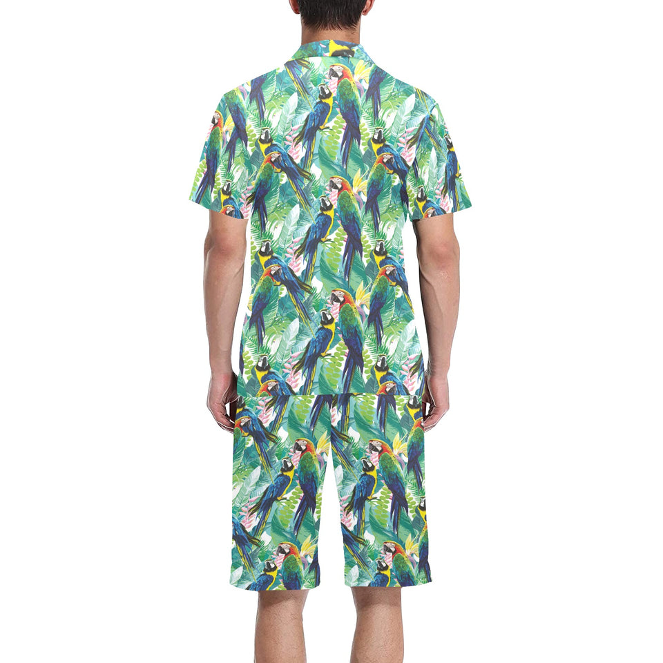 Colorful parrot exotic flower leaves Men's V-Neck Short Pajama Set