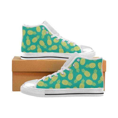 Pineapples pattern green background Women's High Top Canvas Shoes White