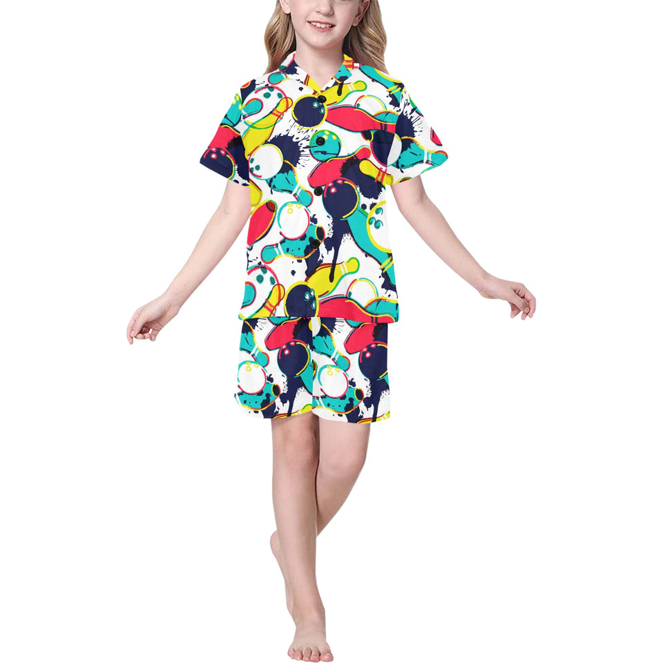 watercolor bowling ball pins Kids' Boys' Girls' V-Neck Short Pajama Set