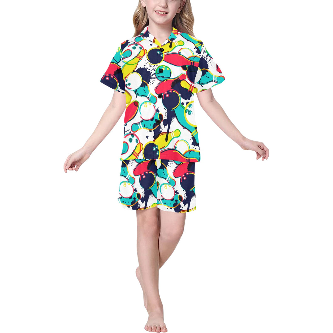 watercolor bowling ball pins Kids' Boys' Girls' V-Neck Short Pajama Set