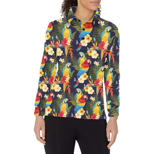 Colorful parrot flower pattern Women's Long Sleeve Polo Shirt