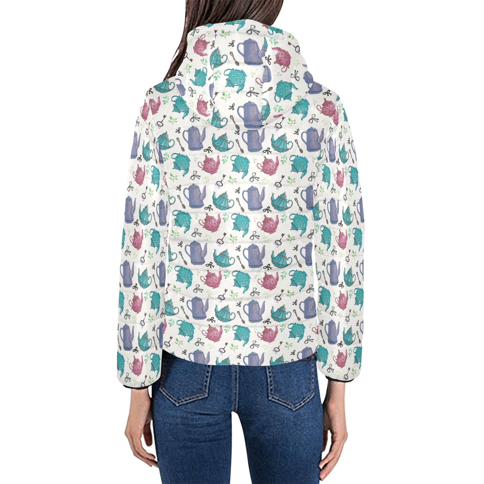 Tea pots Pattern Print Design 05 Women's Padded Hooded Jacket