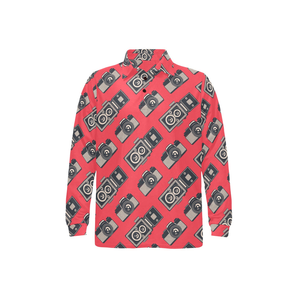 Camera Pattern Print Design 05 Men's Long Sleeve Polo Shirt