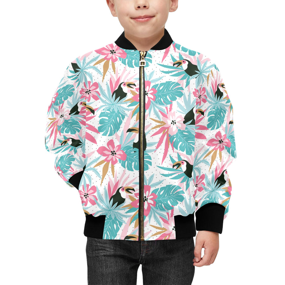 Toucan tropical flower leave pattern Kids' Boys' Girls' Bomber Jacket
