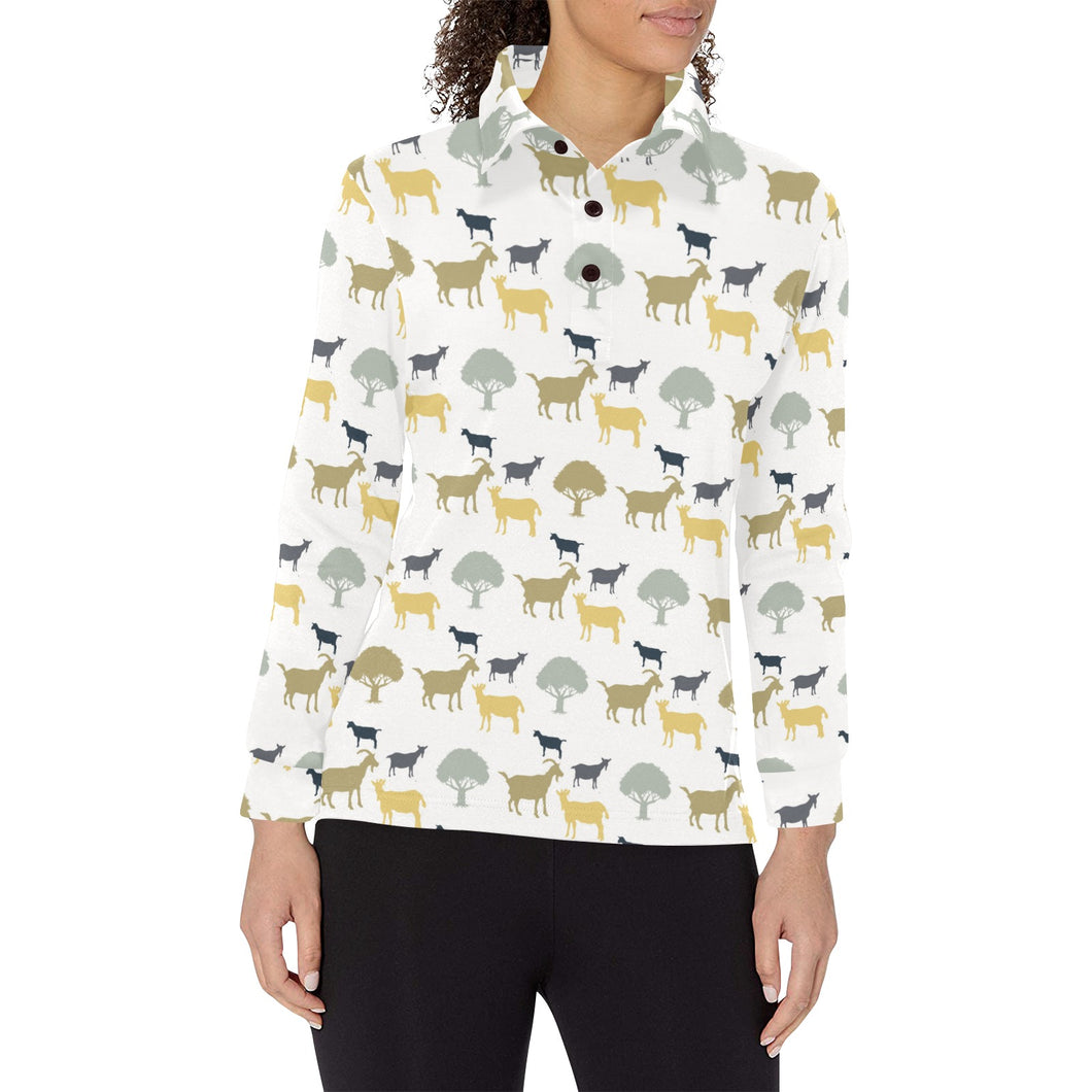 Silhouettes of goat and tree pattern Women's Long Sleeve Polo Shirt