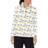 Silhouettes of goat and tree pattern Women's Long Sleeve Polo Shirt