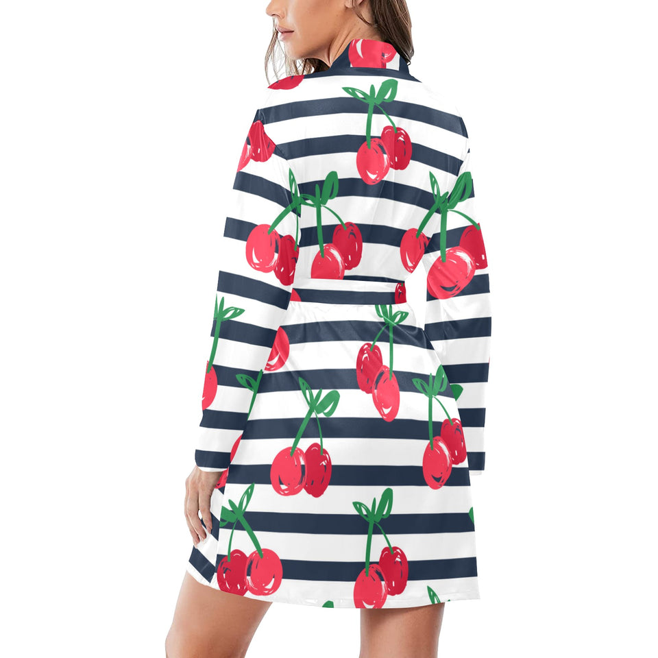 Hand drawn cherry pattern striped background Women's Long Sleeve Belted Night Robe