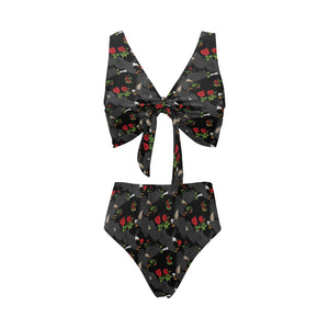 Eagle Pattern Print Design 04 Chest Bowknot High Waisted Bikini Swimsuit