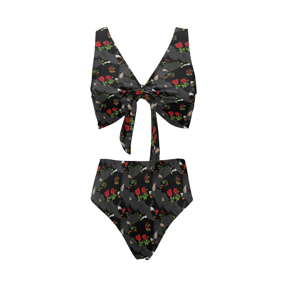 Eagle Pattern Print Design 04 Chest Bowknot High Waisted Bikini Swimsuit