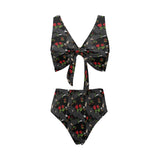 Eagle Pattern Print Design 04 Chest Bowknot High Waisted Bikini Swimsuit