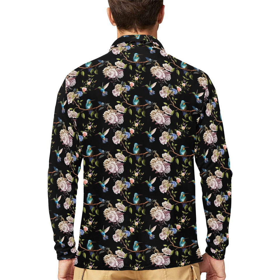 Hummingbird Pattern Print Design 03 Men's Long Sleeve Polo Shirt