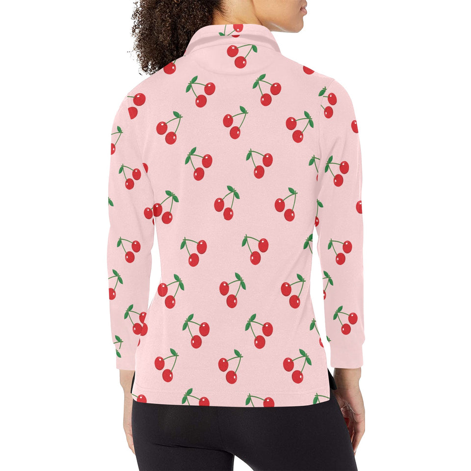 cherry pattern pink background Women's Long Sleeve Polo Shirt