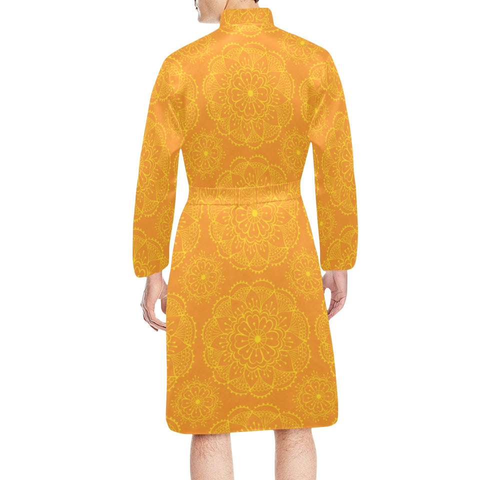 Orange traditional indian element pattern Men's Long Sleeve Belted Night Robe