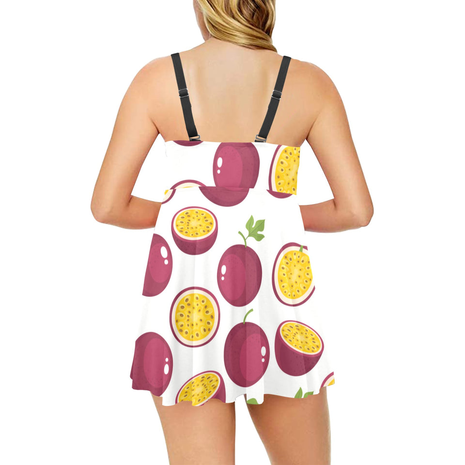 Passion fruit design pattern Chest Sexy Pleated Two Piece Swim Dress