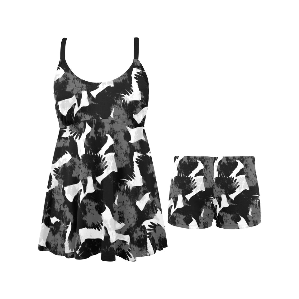Crow illustration pattern Chest Sexy Pleated Two Piece Swim Dress