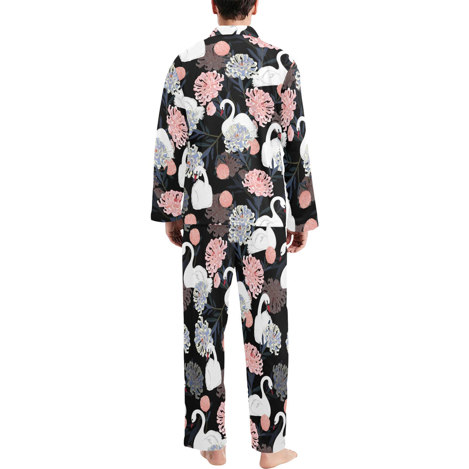 white swan blooming flower pattern Men's Long Pajama Set
