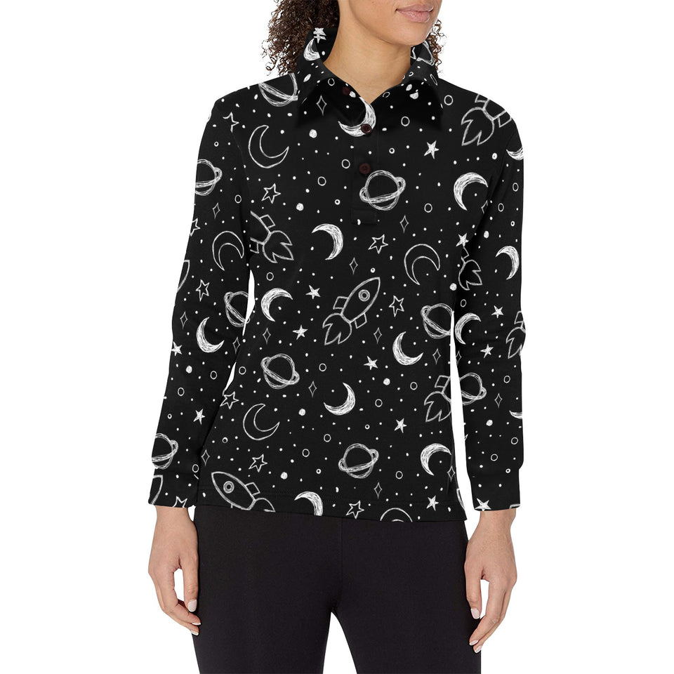 Hand drawn space rocket star planet Women's Long Sleeve Polo Shirt