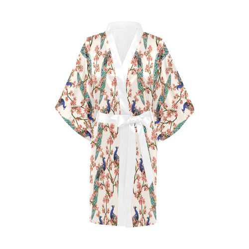 Peacock tropical flower pattern Women's Short Kimono Robe