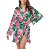 Watermelons tropical palm leaves pattern Women's Long Sleeve Belted Night Robe