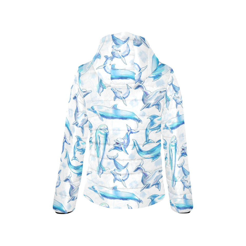 Watercolor dolphin pattern Women's Padded Hooded Jacket