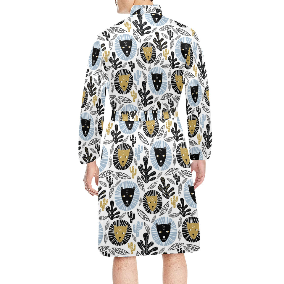 Lion Pattern Print Design 05 Men's Long Sleeve Belted Night Robe