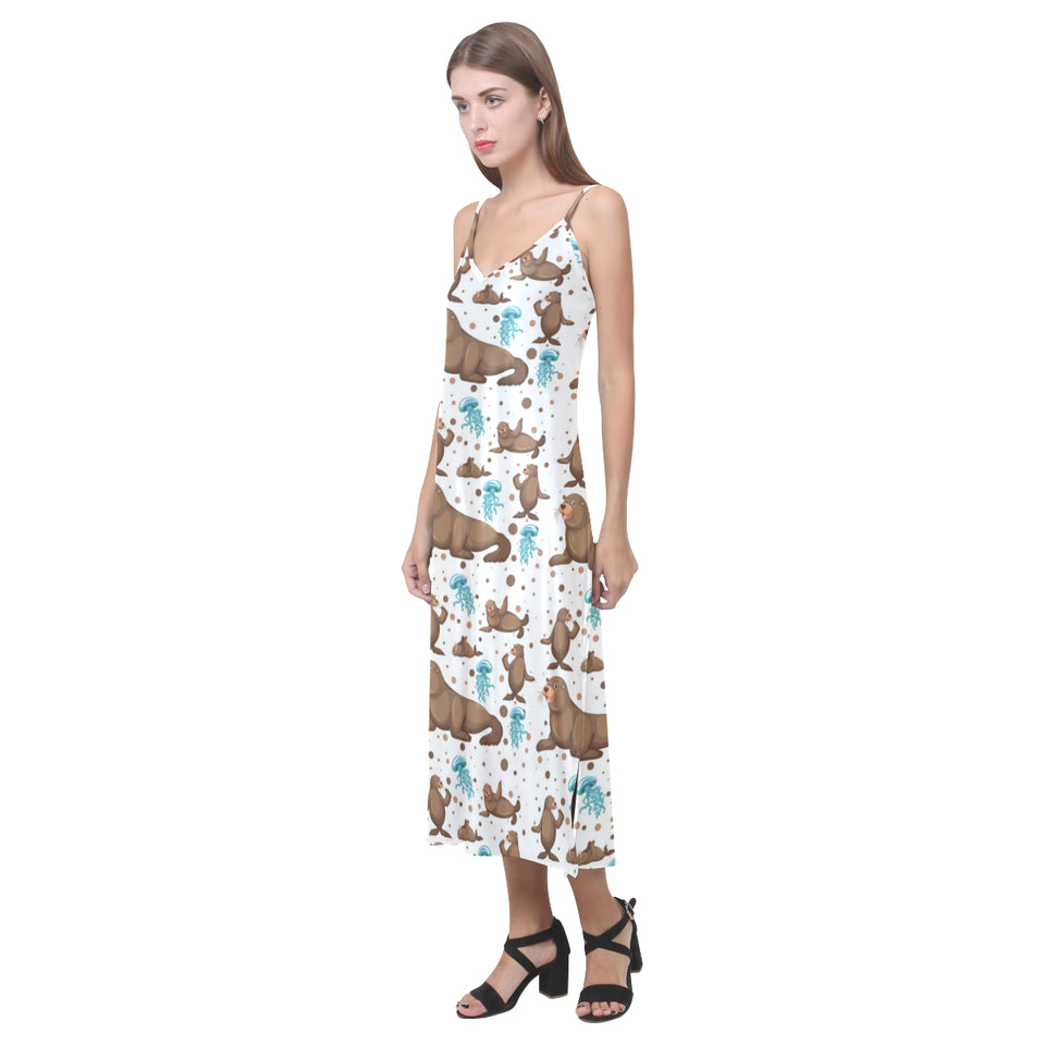 sea lion Seals jellyfish pattern V-Neck Open Fork Long Dress