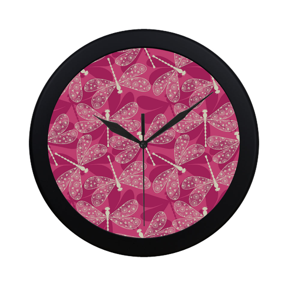 Beautiful dragonfly pink background Elegant Black Wall Clock