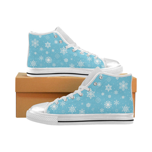 Snowflake pattern blue background Women's High Top Canvas Shoes White