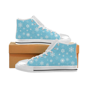 Snowflake pattern blue background Women's High Top Canvas Shoes White