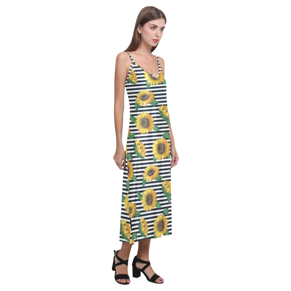 sunflowers ribbon background V-Neck Open Fork Long Dress