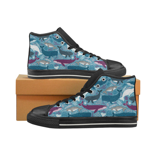Whale design pattern Women's High Top Canvas Shoes Black