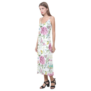 Hand drawn butterfly rose V-Neck Open Fork Long Dress