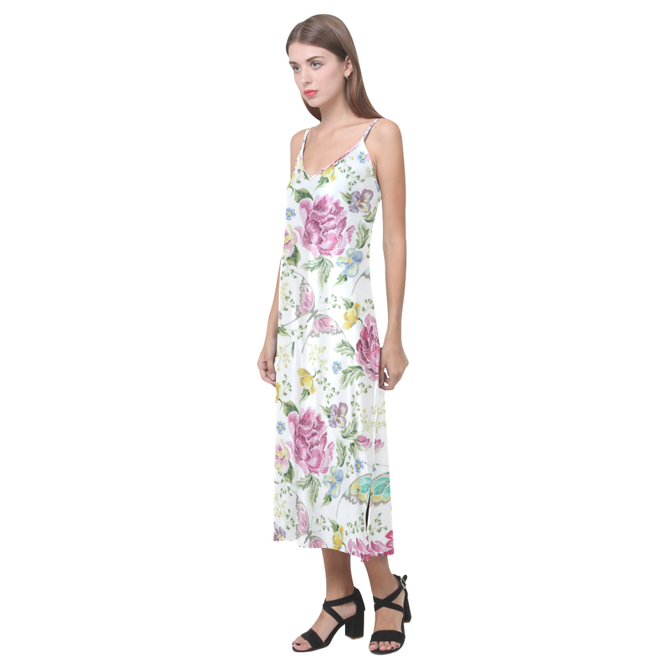 Hand drawn butterfly rose V-Neck Open Fork Long Dress