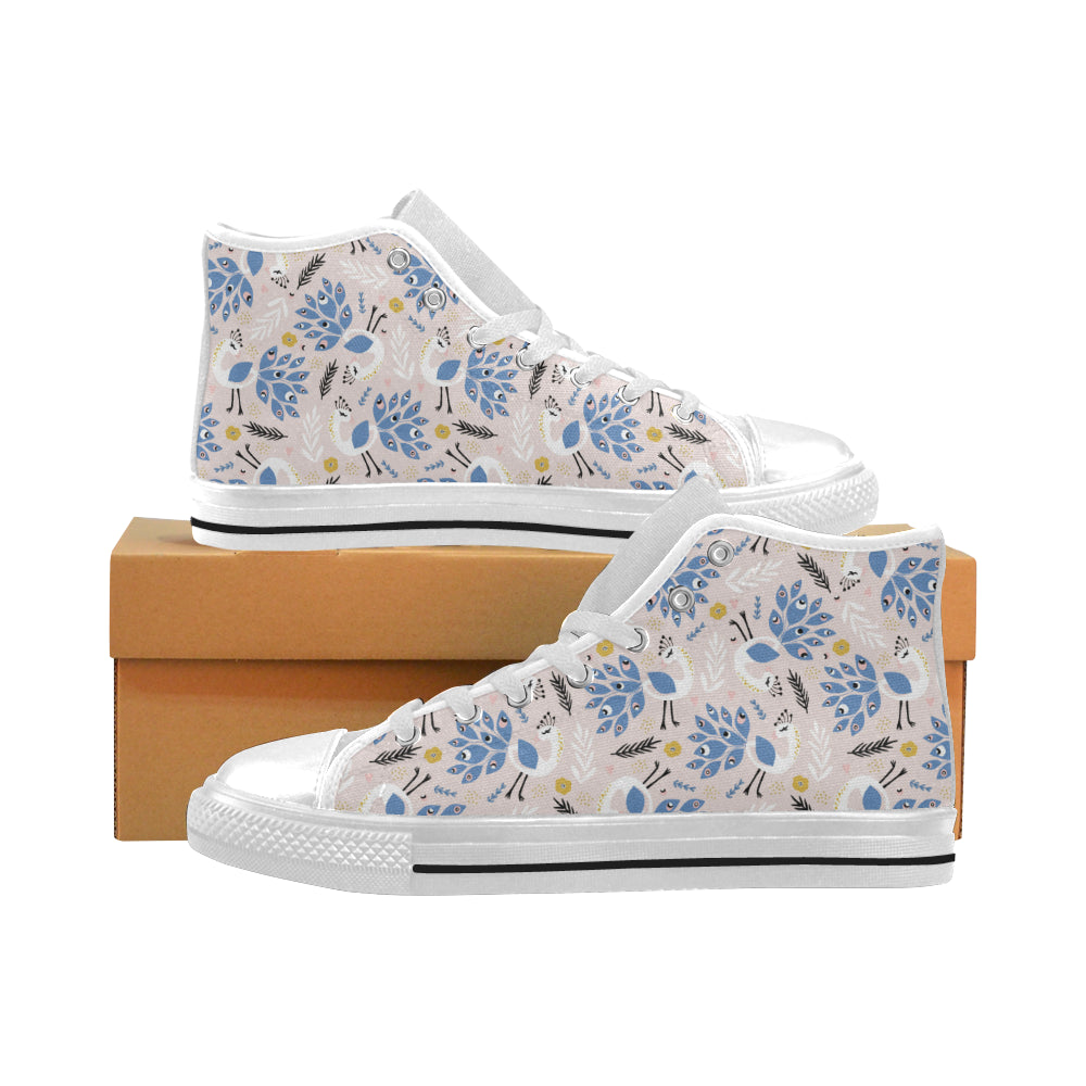 Cute peacock pattern Men's High Top Canvas Shoes White