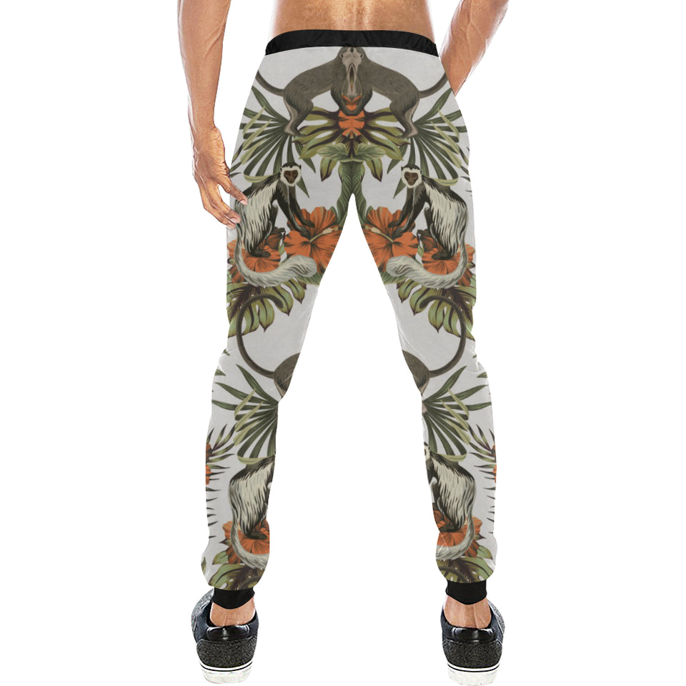 Monkey red hibiscus flower palm leaves floral patt Unisex Casual Sweatpants