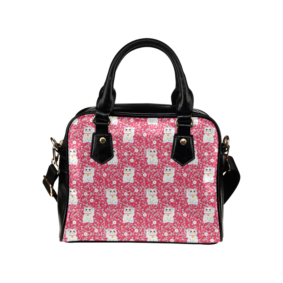 Maneki neko cat sakura pink background Shoulder Handbag