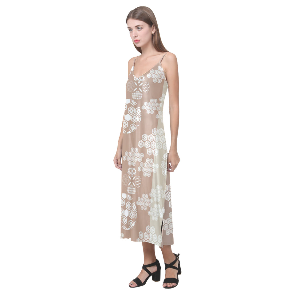 Beautiful hexagon japanese  pattern V-Neck Open Fork Long Dress