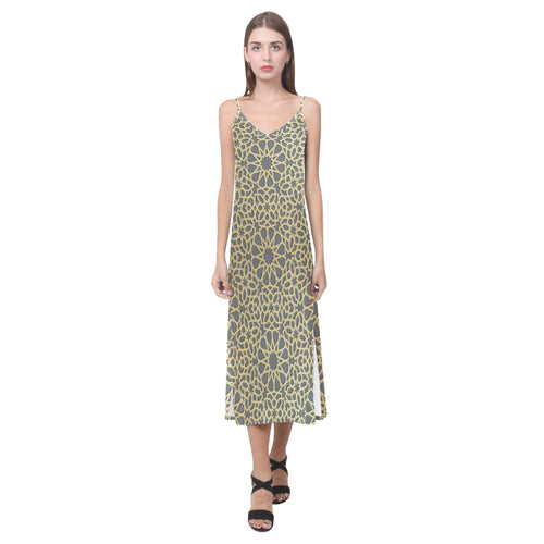 arabic star gold pattern V-Neck Open Fork Long Dress