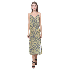 arabic star gold pattern V-Neck Open Fork Long Dress
