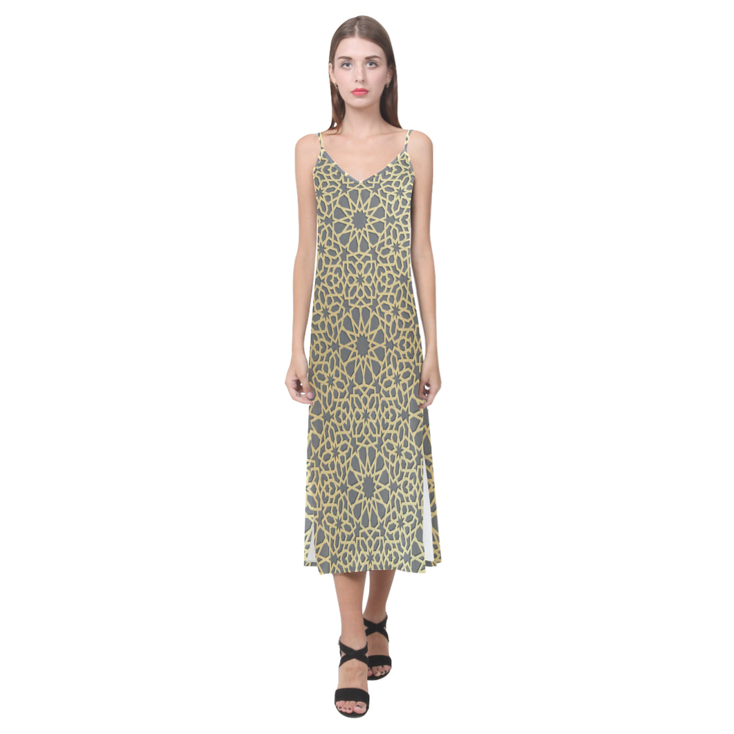 arabic star gold pattern V-Neck Open Fork Long Dress